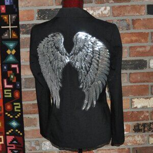 Custom Vanity Fair Black Blazer Jacket w/ Silver Sequin Applique Angel Wings 6